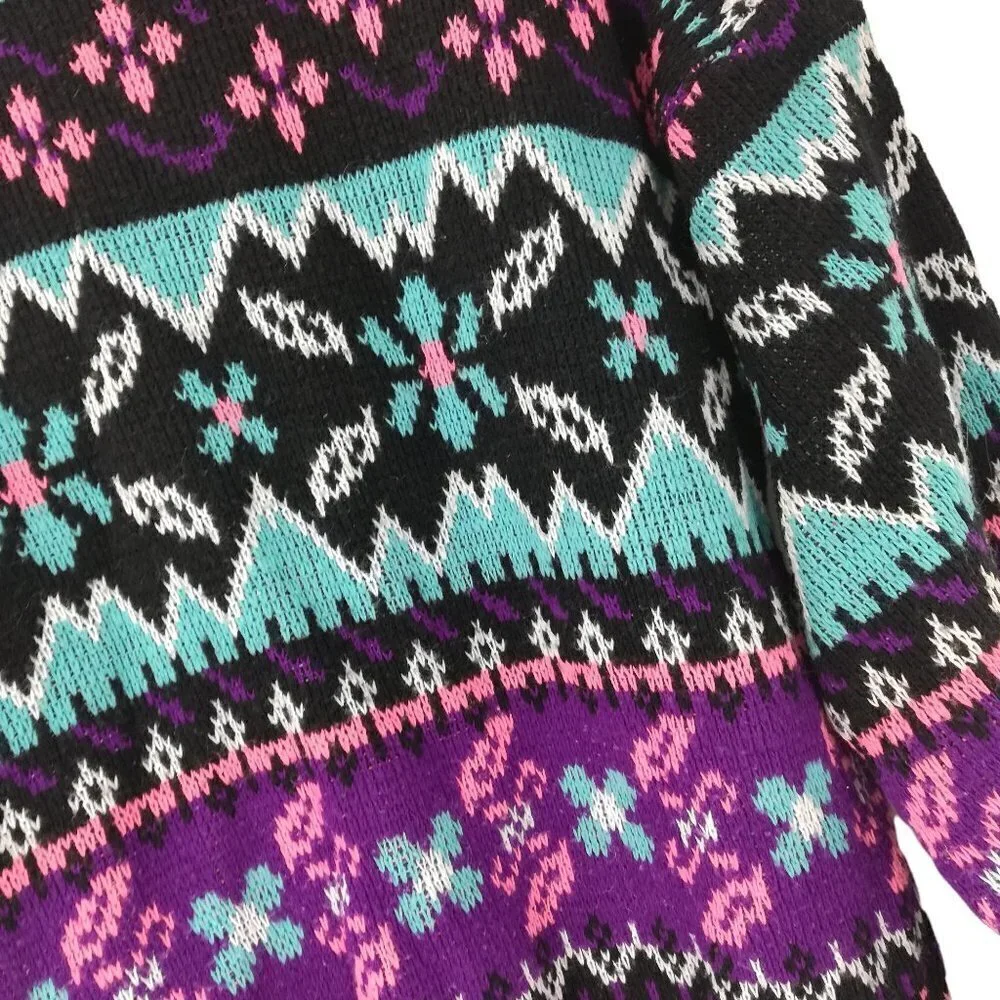 Vintage Stefano Geometric Pullover Sweater Size XL Girls Crew Neck Preppy Flower
